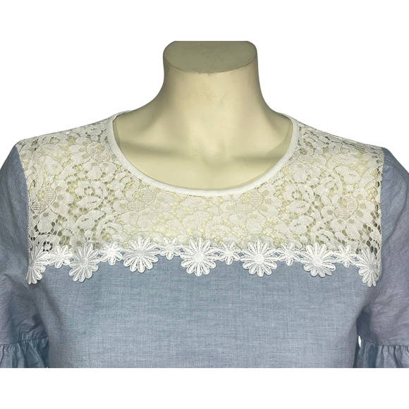 3-FOR-$30 Karl Lagerfeld Sz S Ruffle Sleeve Top Chambray Blue  White Lace - Picture 5 of 10